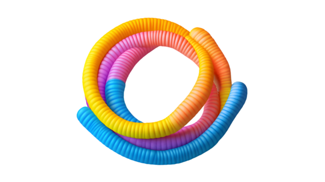 Colorful corrugated tubes arranged in a circular coiled shape on transparent background
