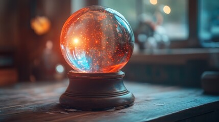 Crystal Ball on Wooden Table with Magic Glow
