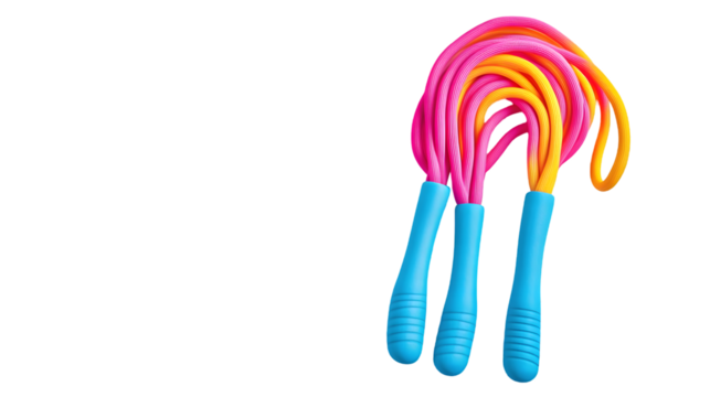 Close up of three colorful jump ropes with blue handles on black on transparent background