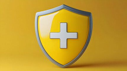 Yellow Shield with White Cross Emblem Representing Health and Security Against a Solid Yellow Background in a Protective Concept