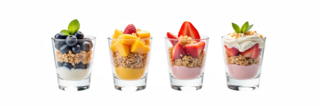 Delicious layered desserts featuring yogurt, granola, and fresh fruits like blueberries, mango, strawberries, and raspberries