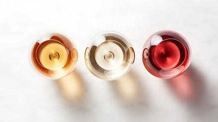 Three glasses of wine, one red, one white, and one rose, arranged in a row on a white marble surface.