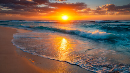 Serene sunset over a peaceful beach with vibrant reflections on gentle waves