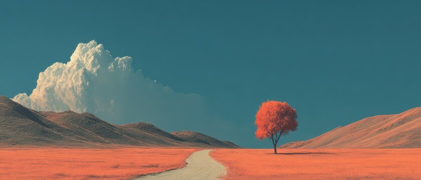 Lone orange tree in rolling landscape