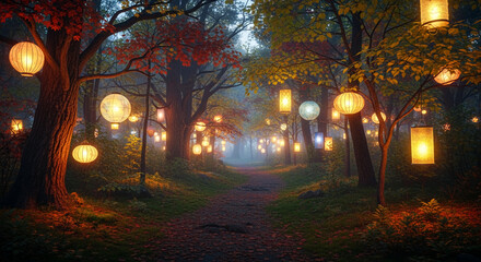 Fototapeta premium Enchanted Forest Path: Autumn Night Scene with Glowing Lanterns, Magical Atmosphere, Mystical Woods Background