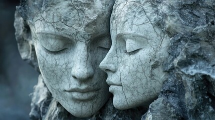 Stone Carved Faces in Deep Thought Sculpture