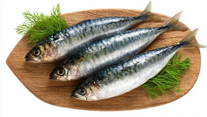 Freshly caught sardines are presented on a rustic wooden board, garnished with vibrant green dill sprigs, ready to be prepared for a delicious meal.
