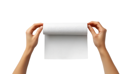 Person holding a toilet roll paper isolated on PNG white background.