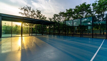 Obraz premium Tennis court with a blue background and a glass roof. The court is empty and the sun is setting