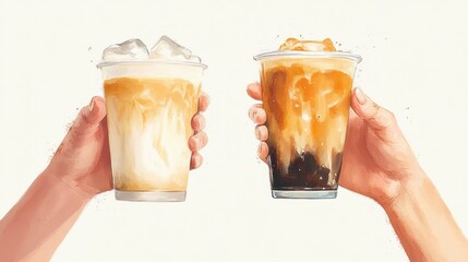 Two Iced Coffee Drinks Held Up