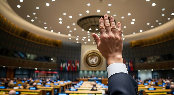 A delegate raises a hand to vote during a session in the United Nations General Assembly Hall.