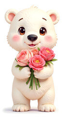 Adorable cartoon polar bear with big eyes holding pink roses, soft pastel colors, isolated on white background, concept of love and kindness