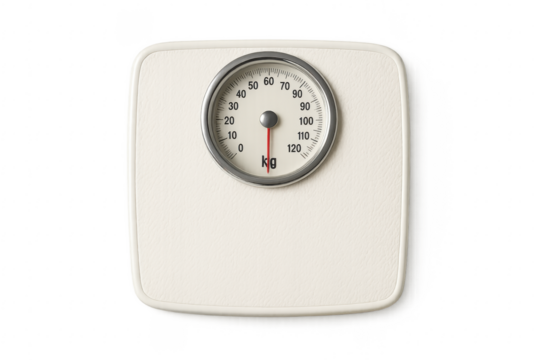 White weighing scale on transparent background showing zero kilograms