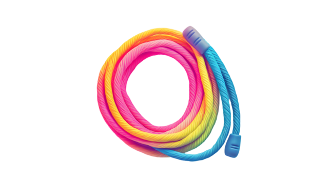 A coiled rainbow jump rope with blue handles  on transparent background - Powered by Adobe