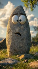 Animated Stone Character with Googly Eyes in a Meadow