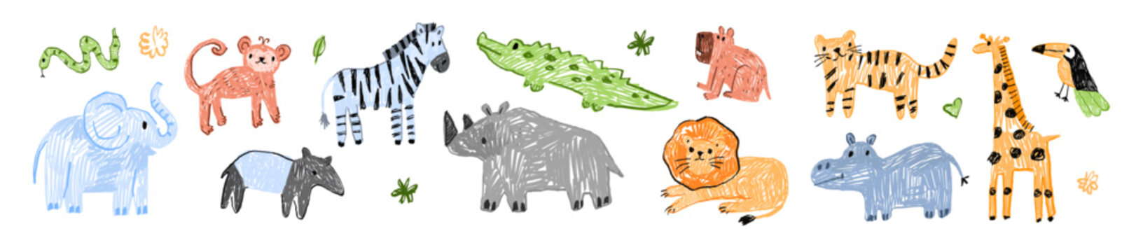 Naklejki Animal kids doodle set, hand drawn naive safari sketch illustration, kindergarten African scribble. Cute wildlife childish print, wax crayon texture, playful savanna fauna, monkey. Jungle kids doodle
