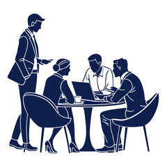 Diverse business professionals collaborating around a table with laptops and coffee during a meeting