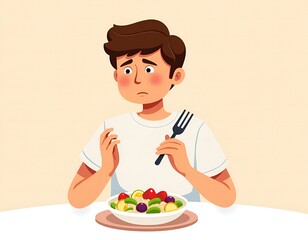 Young man looking displeased at a bowl of fruit salad holding a fork and knife