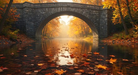 Autumn River Valley Stone Arch Bridge Backlight Scenery Fallen Leaves Floating on Water