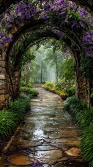 Obraz premium Garden arch with waterfalls and purple flowers, stone path leading into the distance, green plants on both sides, wet ground after rain, high-definition photography.