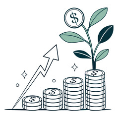 Financial growth represented by a money plant growing from stacks of coins with an upward trending arrow