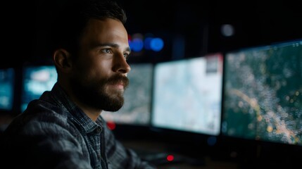 Logistics manager tracking shipments on multiple screens