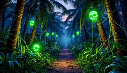 Obraz premium A spooky Halloween scene in a dense jungle. Green glowing skulls hang from palm trees, illuminating a misty path surrounded by lush foliage.