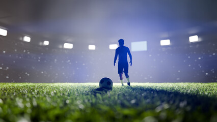 Silhouette of professional soccer player preparing to kick ball in illuminated stadium at night. 3d render © Photocreo Bednarek