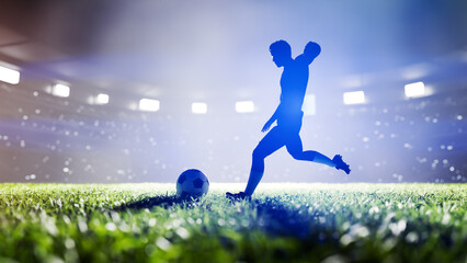 Silhouette of professional soccer player kicking ball in brightly illuminated stadium during night game. 3d render © Photocreo Bednarek