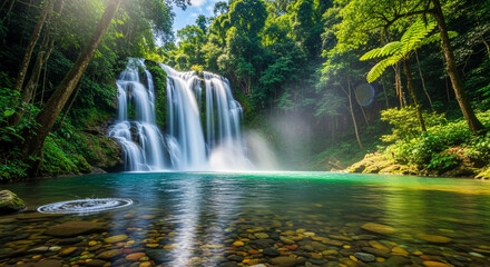 Obraz premium Lush Rainforest Waterfall: Vibrant Nature Scene, Tropical Paradise, Crystal Clear Water