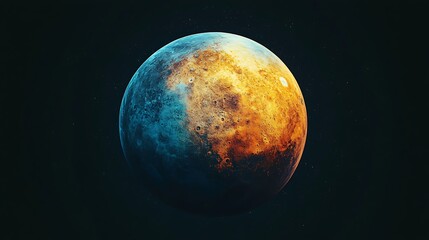 Sunrise over a rocky planetary horizon with glowing golden light. Distant celestial body in view. Symbolic representation of Pluto Day and cosmic exploration