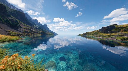 Serene mountain lake reflecting sky