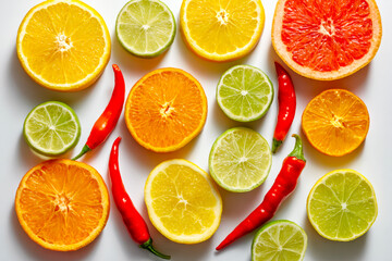 Obraz premium Assorted citrus fruits and red chili peppers arranged on a white surface