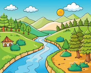 Fototapeta premium Serene Cartoon Landscape with River and Hills