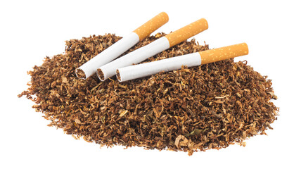 Pile of tobacco and cigarettes isolated on white background.