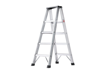 A light gray, aluminum folding stepladder.  It's a sturdy,  three-section ladder with four steps.  The ladder is presented in a studio shot, isolated against a black background