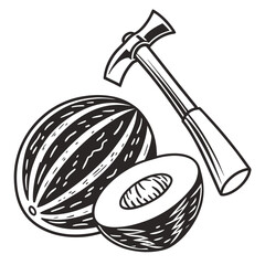Stylized illustration of a whole watermelon and a halved watermelon with a hammer