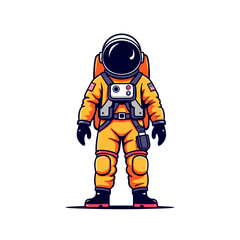 Cartoon astronaut in orange space suit standing upright  
