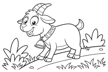 Fototapeta premium Coloring Pages, smiling goat with a bell, cartoon style, black and white, for kids to color