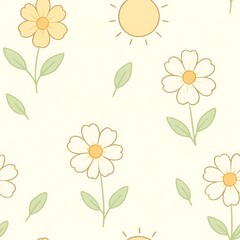 Seamless Cosmos Flowers and Sunshine Pattern – Pastel Flat Style