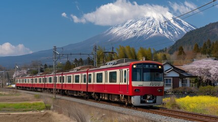 Traditional houses near railway and misty Mount Fuji