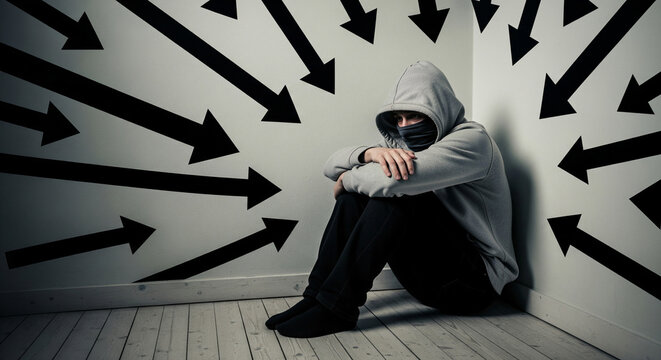 Targeted Silence: Hooded Figure Cornered by Accusatory Arrows in a Stark Symbol of Social Pressure