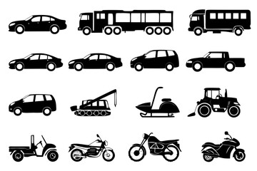 Obraz premium A diverse set of transport vehicle silhouettes in black. This vector collection includes icons of cars, trucks, bus, motorcycles, and industrial machines.