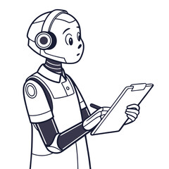 Cartoon robot wearing headphones and holding a clipboard while writing