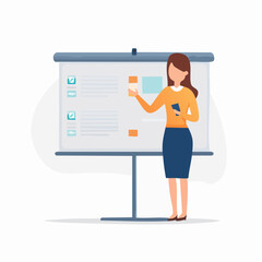 Fototapeta premium Professional woman giving a business presentation on a large screen displaying charts and data