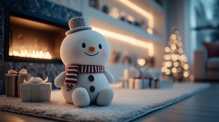 Modern Minimalist Christmas Living Room with Snowman and Fireplace