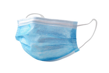 Light-blue disposable face mask, three-ply, isolated on white