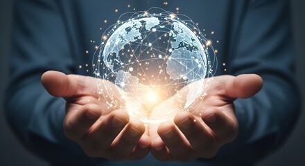 Global network technology concept hands holding digital earth connection and innovation design