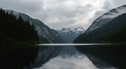 Calm lake surrounded by dense pine forests and towering mountains under a cloudy, misty sky. A peaceful, moody nature scene perfect for outdoor and travel themes.