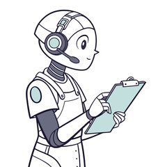 Friendly cartoon robot wearing a headset and holding a clipboard with a smile